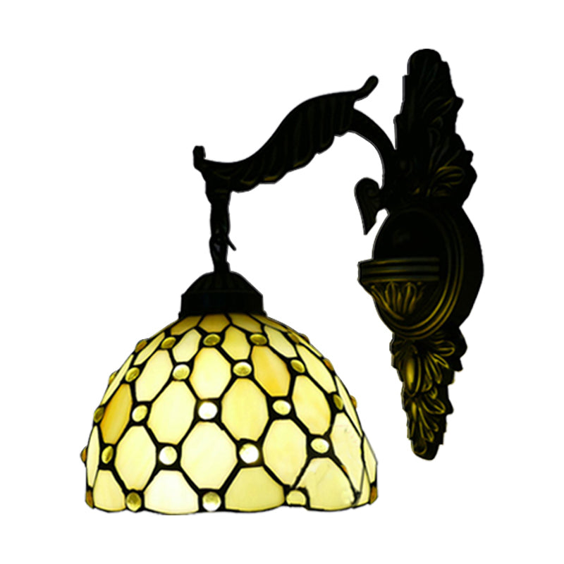 BowLift | Beige Lattice Dome Wall Lamp with Engraved Arm 1 Main Tiffany Traditional Glass Wall Lamp for Corridor