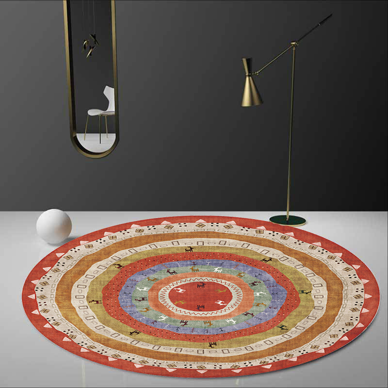 BowLift | Retro Tribal Circles Pattern Carpet Yellow and Red Polyester Carpet Washable Pet Friendly Non-Slip Carpet for the Living Room