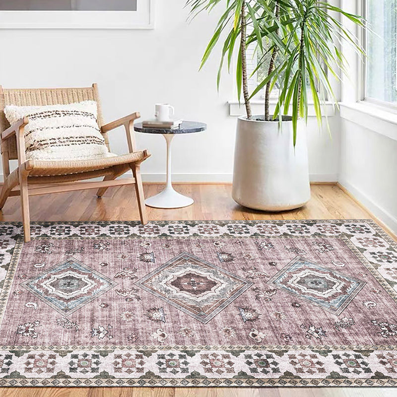 BowLift | Retro Tribal Flower Pattern Rug Pink and Gray Polyester Rug Washable Pet-Friendly Non-Slip Rug for Living Room