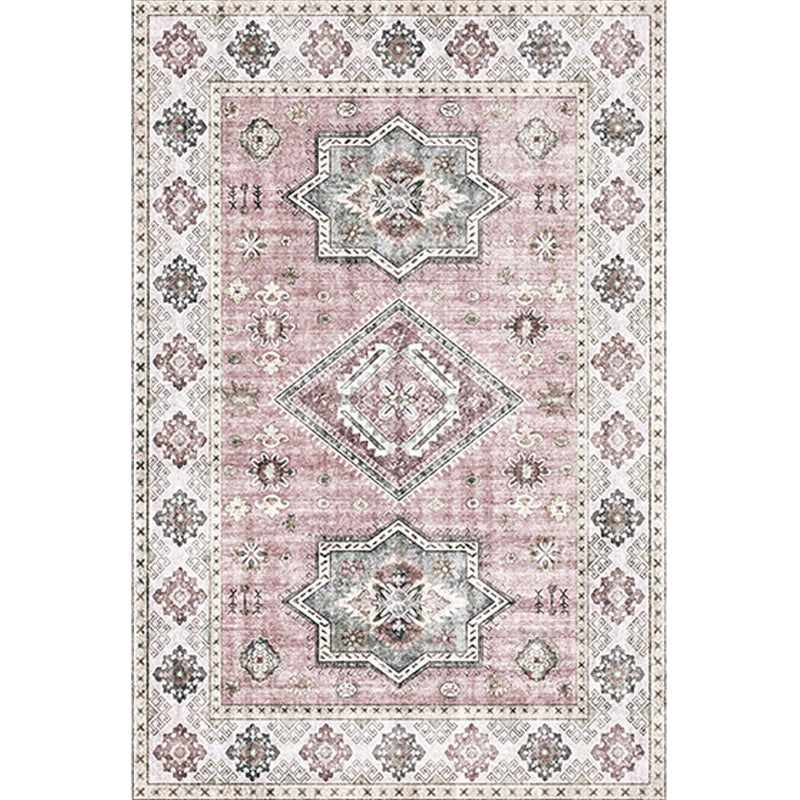 BowLift | Retro Tribal Flower Pattern Rug Pink and Gray Polyester Rug Washable Pet-Friendly Non-Slip Rug for Living Room