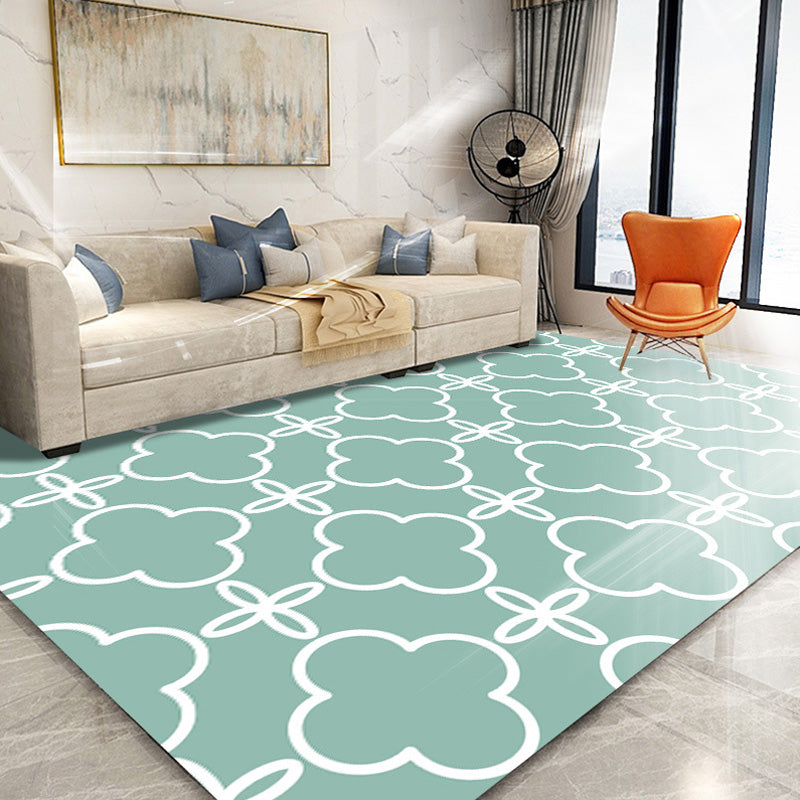 BowLift | Retro-geometric floral pattern rug blue and green southwest rug polyester pet-friendly non-slip back washable area rug for living room
