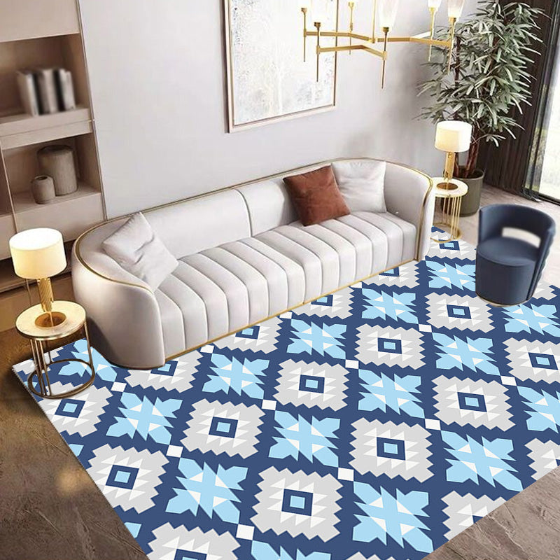 BowLift | Retro-geometric floral pattern rug blue and green southwest rug polyester pet-friendly non-slip back washable area rug for living room