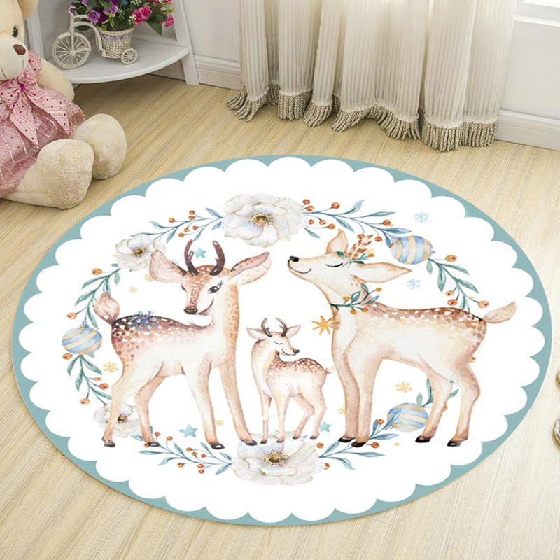 BowLift | Kids Deer Pattern Carpet with Flowers White and Blue Polyester Carpet Non-Slip Backing Washable Pet-Friendly Carpet for the Bedroom