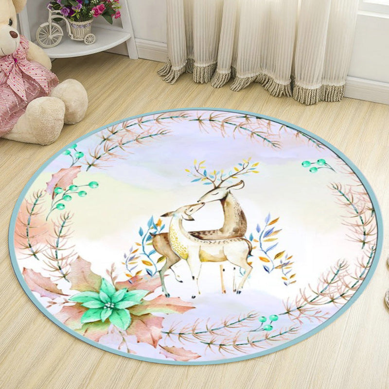 BowLift | Kids Deer Pattern Carpet with Flowers White and Blue Polyester Carpet Non-Slip Backing Washable Pet-Friendly Carpet for the Bedroom