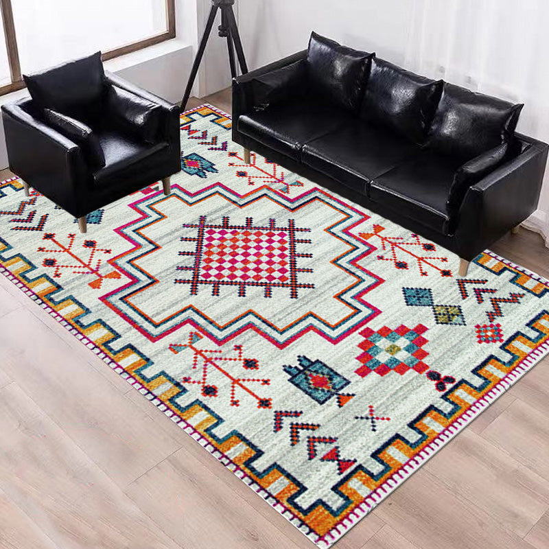 BowLift | Stylish geometric pattern rug with flowers white and red Moroccan rug polyester pet-friendly non-slip back washable area rug for living room