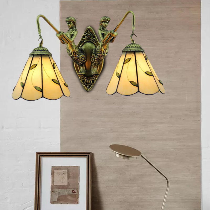 BowLift | Lily Beige Glass Wall Light Tiffany 2 Heads Brass Wall Mounted Lamp with Mermaid Back Plate
