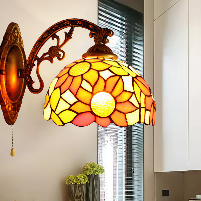 BowLift | Rustic Tiffany Sunflower Wall Lamp with Engraved Arm 1 Main Stained Glass Wall Lamp for Living Room