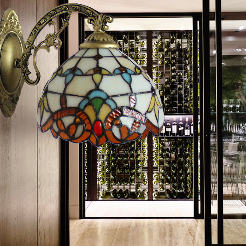 BowLift | Beige Arched Wall Light with Engraved Arm 1 Light Tiffany Victoria Stained Glass Candle Holder for Corridor
