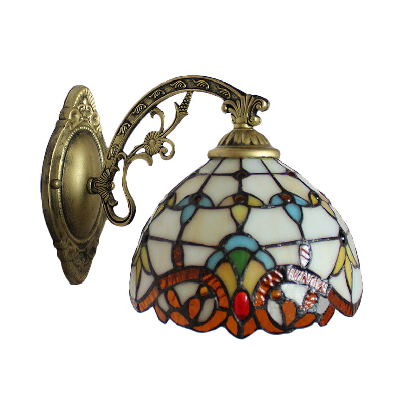 BowLift | Beige Arched Wall Light with Engraved Arm 1 Light Tiffany Victoria Stained Glass Candle Holder for Corridor