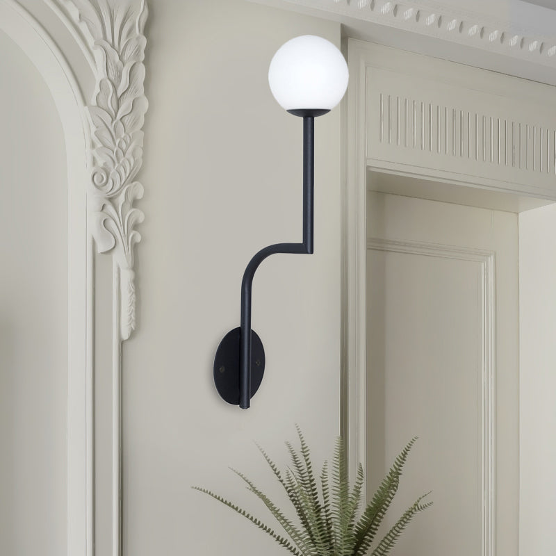 BowLift | Simple Ball Opal Glass Wall Lamp Single Bulb Wall Light with Long Curved Arm in Black/Gold