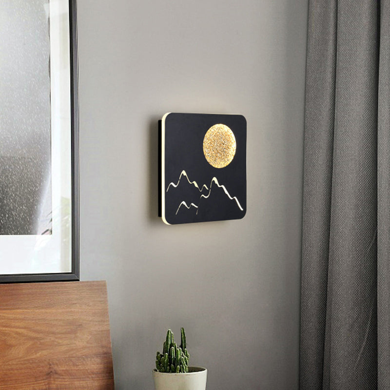BowLift | Mini Round/Rectangle Slim LED Ceiling Light Nordic Metal Bedroom Wall Lamp Sconces in Black/White/Grey with Full Moon Mountain Pattern