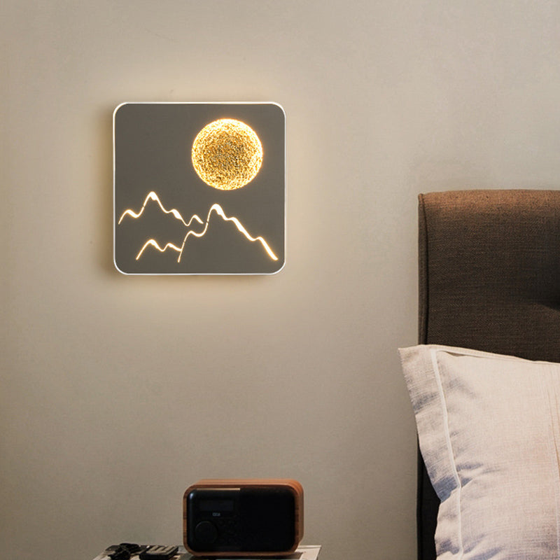 BowLift | Mini Round/Rectangle Slim LED Ceiling Light Nordic Metal Bedroom Wall Lamp Sconces in Black/White/Grey with Full Moon Mountain Pattern