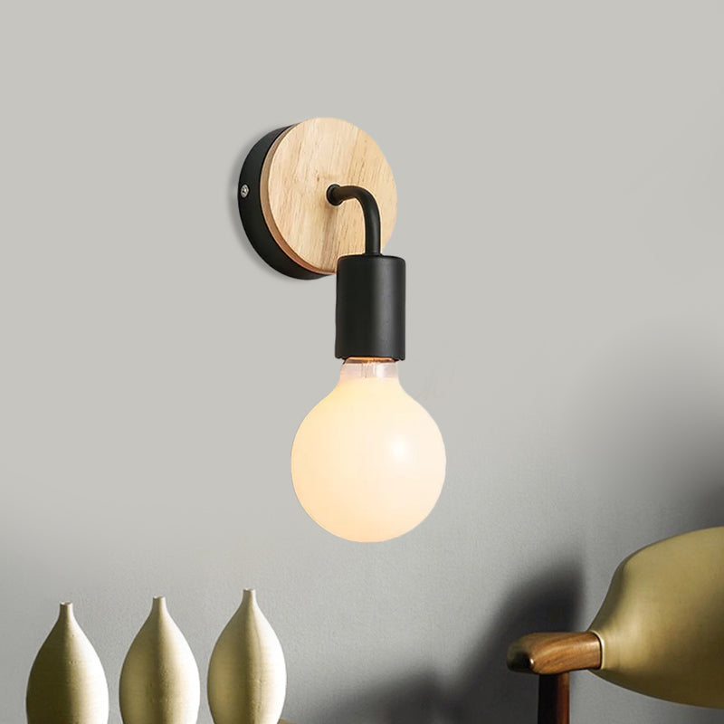 BowLift | Iron Bend Rotatable Wall Lighting Minimalistic 1 Head Black/White-Wood Wall Lamp with Open Light Bulb Design