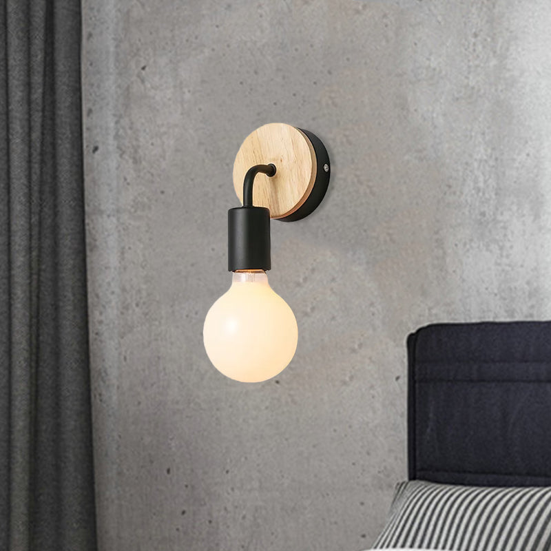 BowLift | Iron Bend Rotatable Wall Lighting Minimalistic 1 Head Black/White-Wood Wall Lamp with Open Light Bulb Design