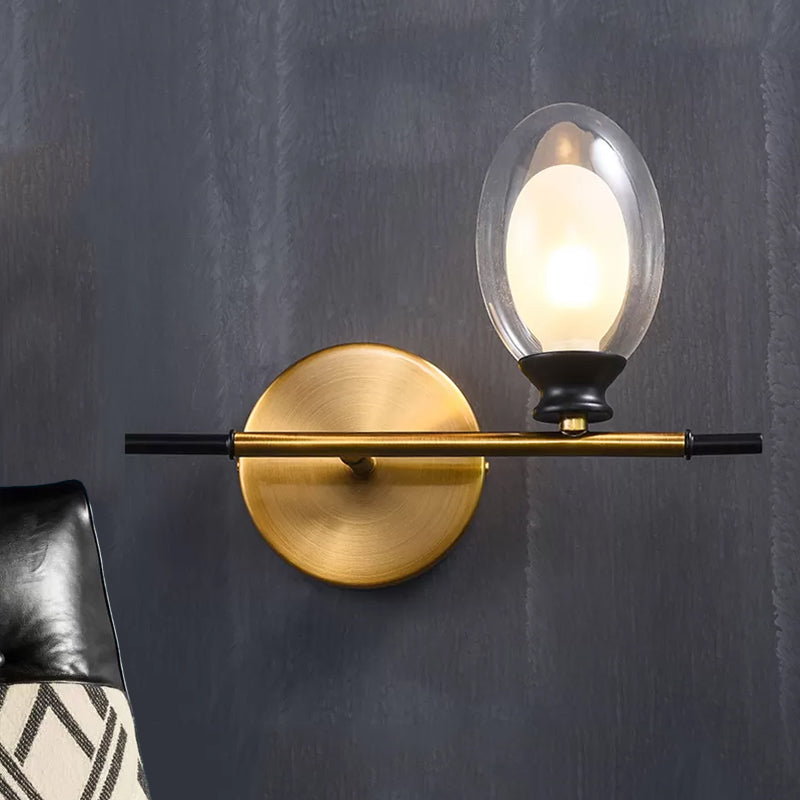 BowLift | Brass straight bar wall light Mid Century 1 head metal wall light ideas with dual oval clear/amber glass shade
