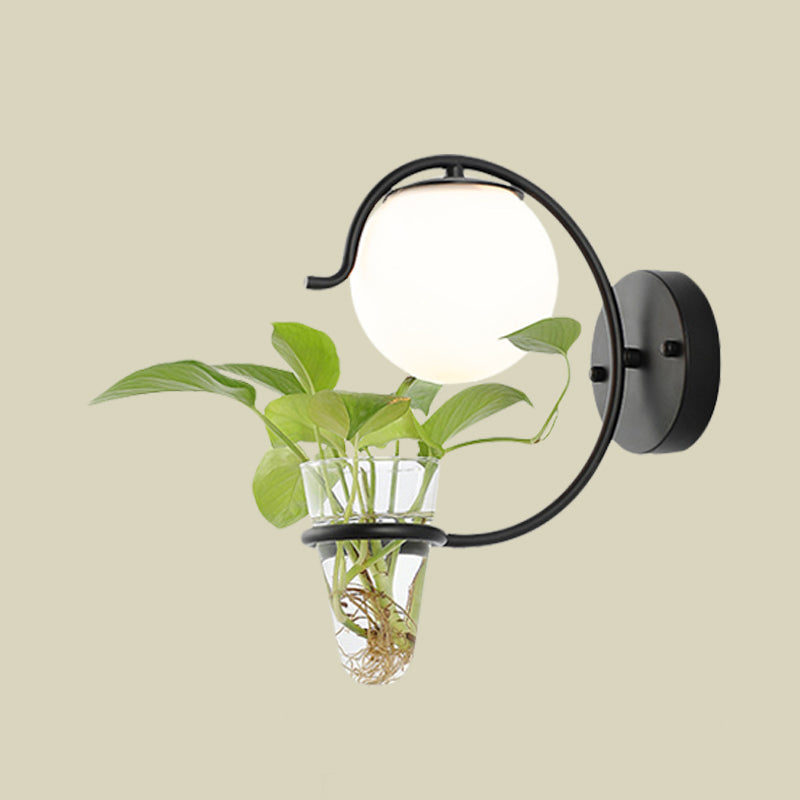 BowLift | Cream/Smoke Gray Glass Orb Wall Lamp Vintage 1-Light Bedroom Wall Lamp in Black/Gold with C-Shaped Arm and Plant Pot