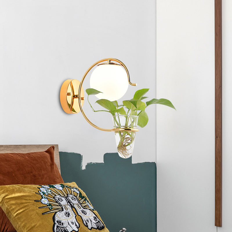 BowLift | Cream/Smoke Gray Glass Orb Wall Lamp Vintage 1-Light Bedroom Wall Lamp in Black/Gold with C-Shaped Arm and Plant Pot