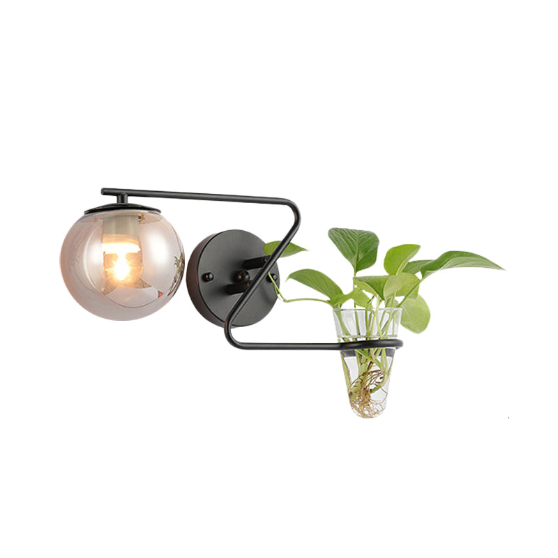 BowLift | Global Bedroom Wall Light Industrial Cream/Smoke Grey Glass 1 Head Black/Gold Wall Lamp with Clear Glass Plant Holder