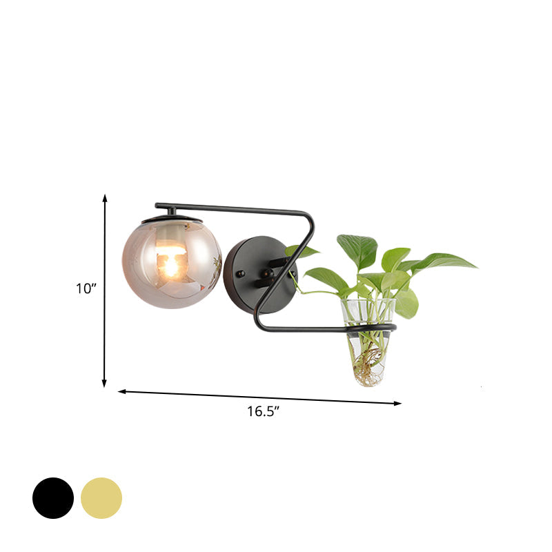 BowLift | Global Bedroom Wall Light Industrial Cream/Smoke Grey Glass 1 Head Black/Gold Wall Lamp with Clear Glass Plant Holder