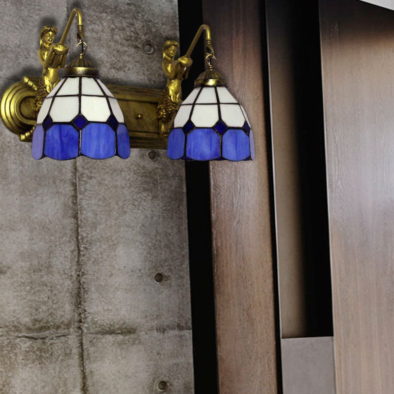 BowLift | 2 Heads Wall Mount Light Mediterranean Grid Pattern Blue Glass Wall Lamp with Mermaid Backplate