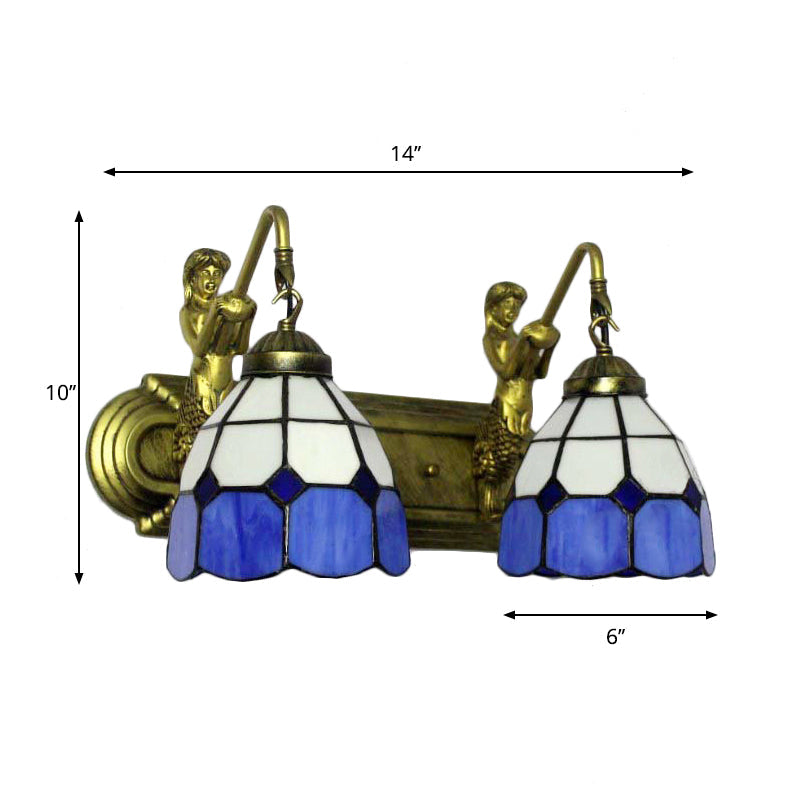 BowLift | 2 Heads Wall Mount Light Mediterranean Grid Pattern Blue Glass Wall Lamp with Mermaid Backplate