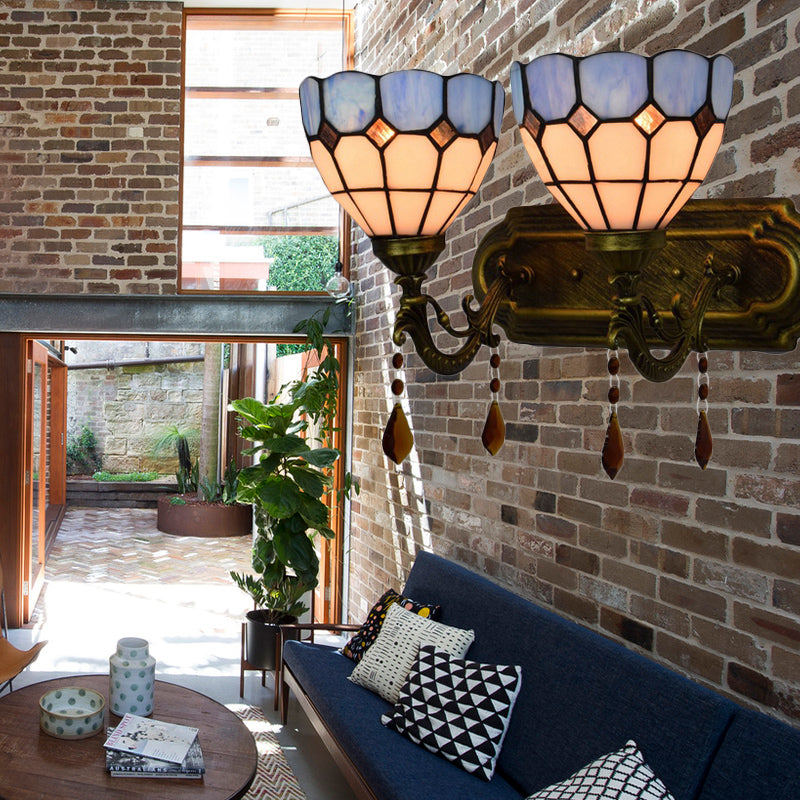 BowLift | Art Glass Bowl Wall Lamp with Agate 2-Bulb Tiffany Vintage Wall Lamp in Beige/Brown/Blue/Blue-White for Dining Room