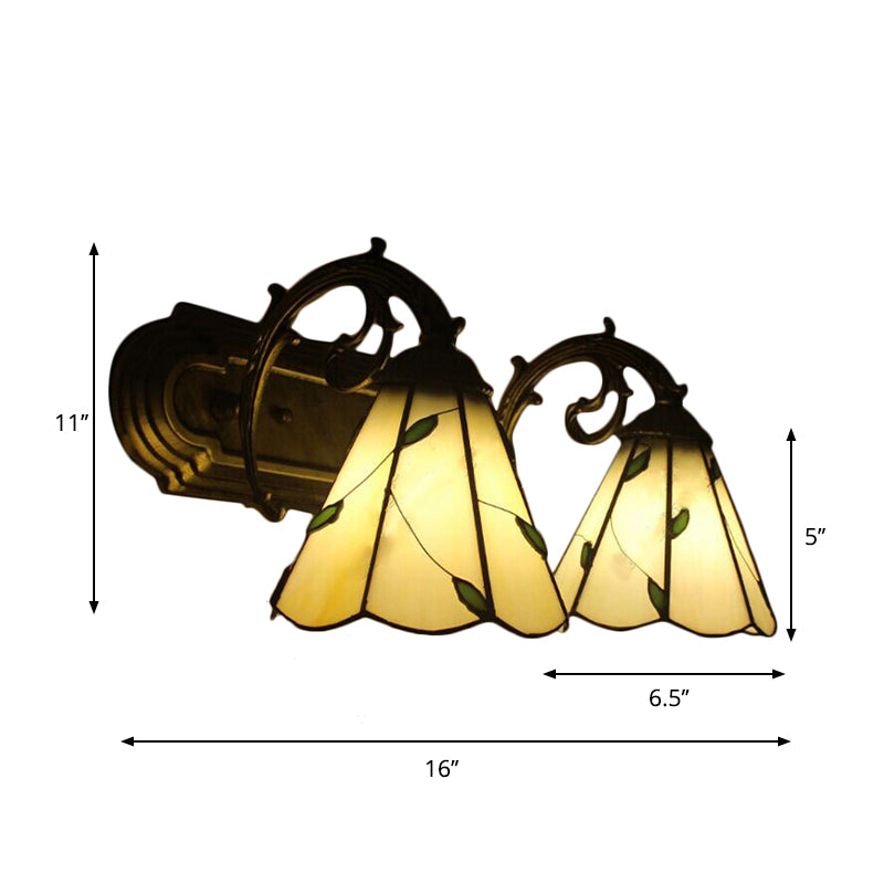 BowLift | Beige Cone-shaped Wall Lamp with Leaf 2 Heads Tiffany Rustic Glass Wall Light for the Study Room