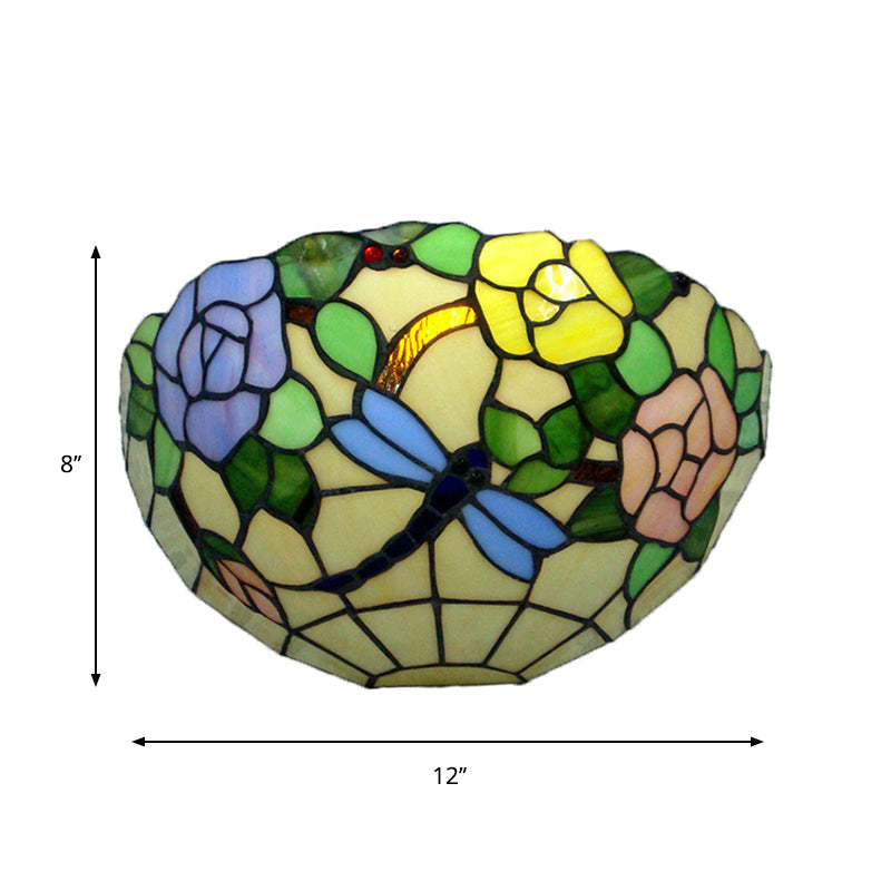 BowLift | Colorful Bowl Wall Lamp with Flower and Butterfly Rustic Tiffany Glass Wall Light for Balcony