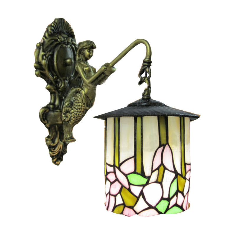 BowLift | Cylinder Wall Light Tiffany Beige Glass 1 Head Hall Wall Mounted Lamp with Flower Pattern