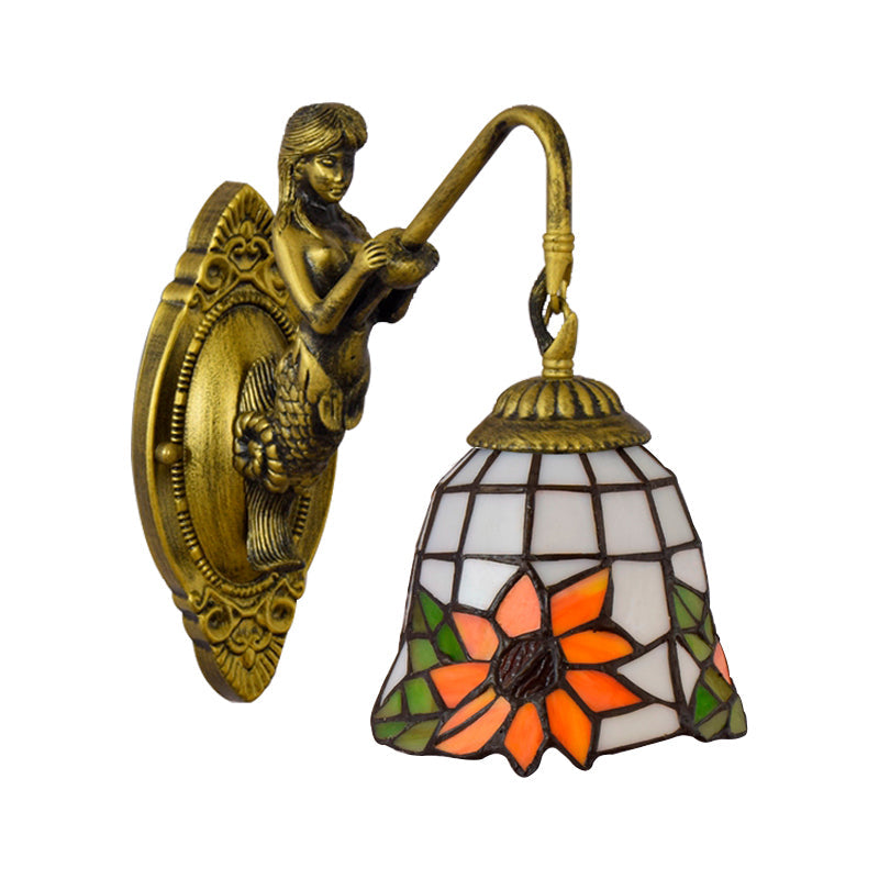 BowLift | Sunflower Sconce Lamp Tiffany Orange Glass 1 Head Living Room Wall Mounted Lamp with Mermaid Backplate