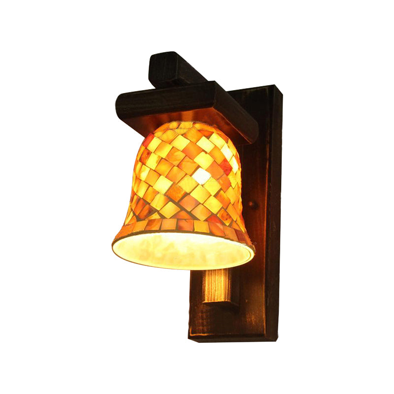 BowLift | Macaron Bell Wall Lamp with Wooden Base Glass 1 Light Yellow Wall Lamp for Clothing Store