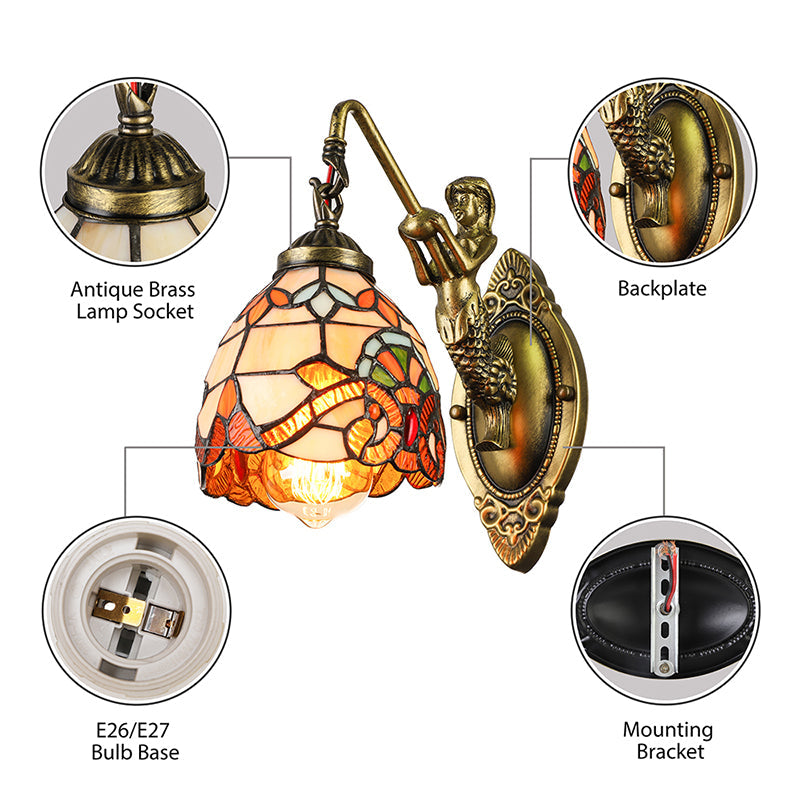 BowLift | Vintage Dome Wall Light 5.5" Width 1 Light Stained Glass Wall Fixture with Mermaid Design