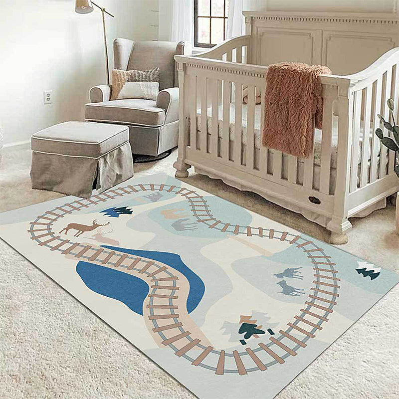 BowLift | Blue Rail Pattern Carpet with Animals Polyester Kids Carpet Pet Friendly Washable Non-Slip Carpet for the Bedroom