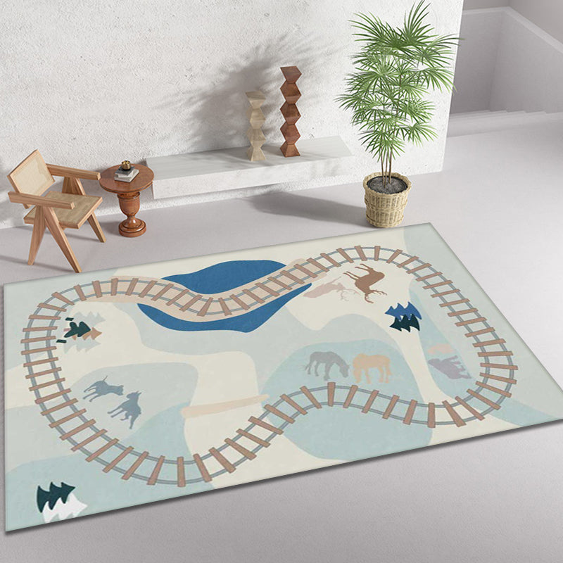 BowLift | Blue Rail Pattern Carpet with Animals Polyester Kids Carpet Pet Friendly Washable Non-Slip Carpet for the Bedroom