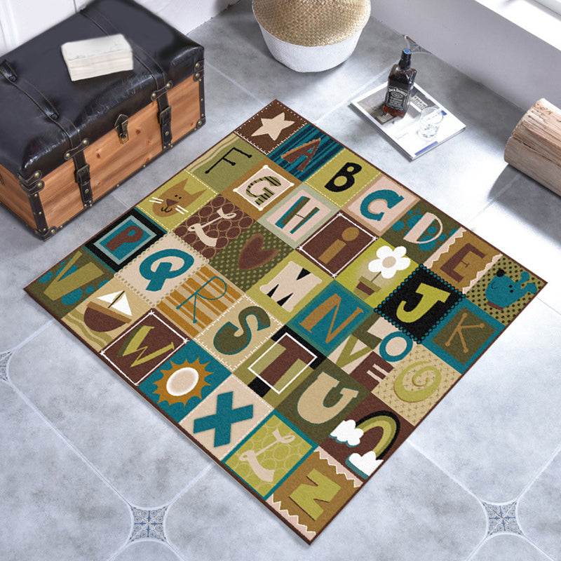 BowLift | Kids Plaid Pattern Rug with Letters Brown Polyester Rug Non-Slip Pet-Friendly Washable Rug for Kids' Room