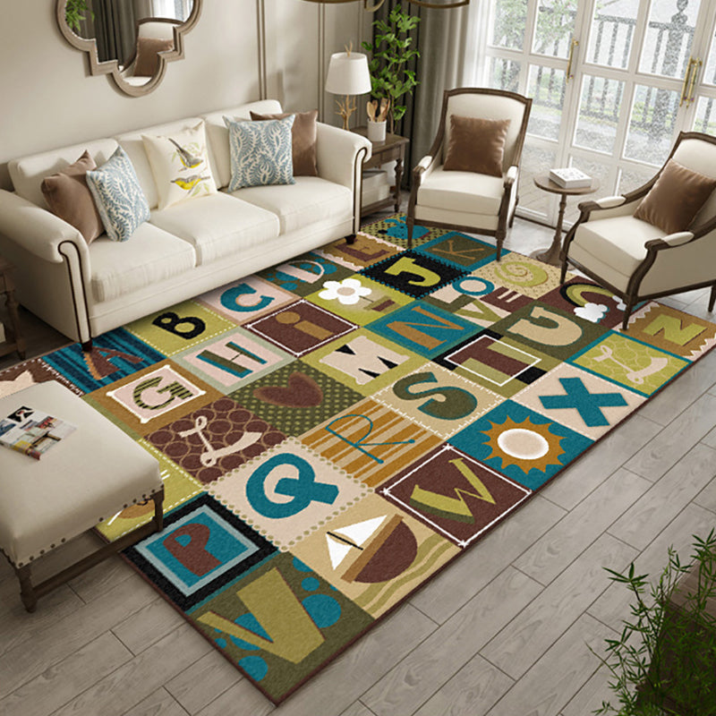BowLift | Kids Plaid Pattern Rug with Letters Brown Polyester Rug Non-Slip Pet-Friendly Washable Rug for Kids' Room