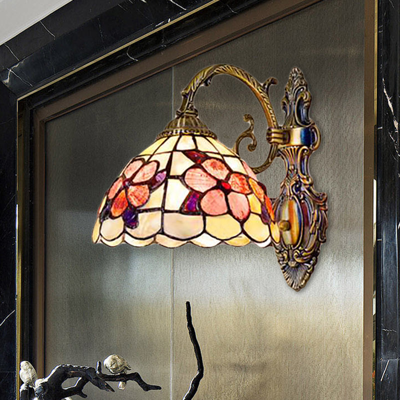 BowLift | Bowl-shaped Wall-mounted Light with Stained Glass 1-Light Wall Lighting with Floral Pattern in Antique Brass