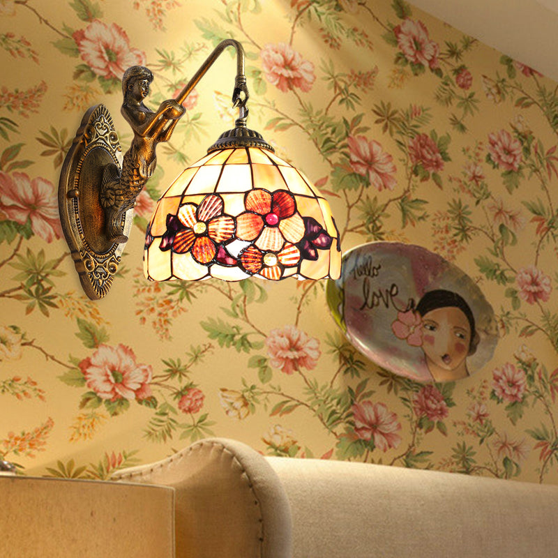 BowLift | Victorian Dome Wall Lamp Light Beige Glass 1 Head Bedside Wall Mount Light with Flower Pattern