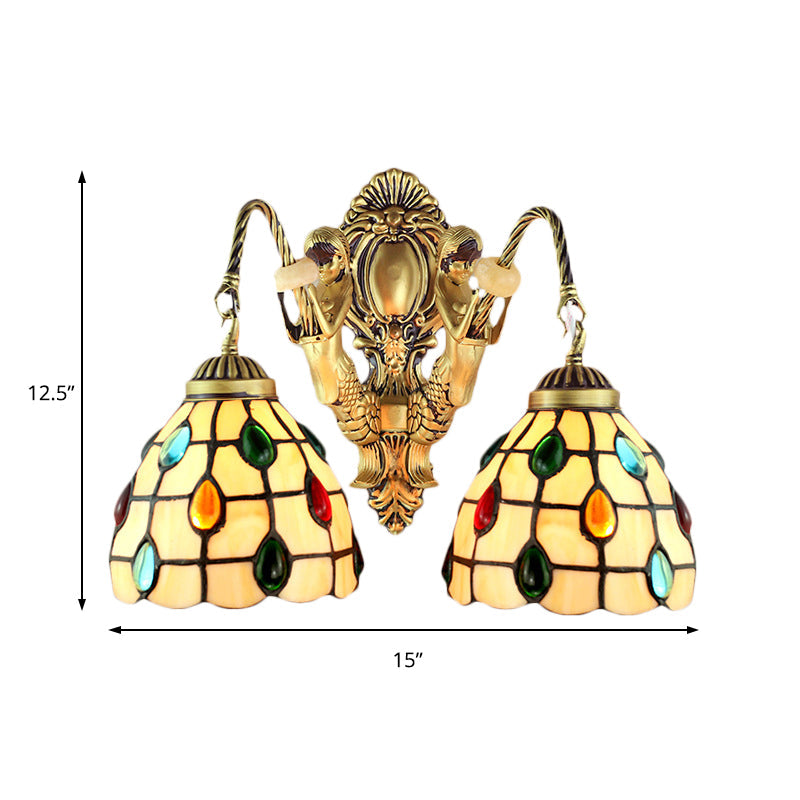 BowLift | Decorated Beige Glass Wall Light Fixture 2 Heads Brass Wall Mount Light for Bedroom