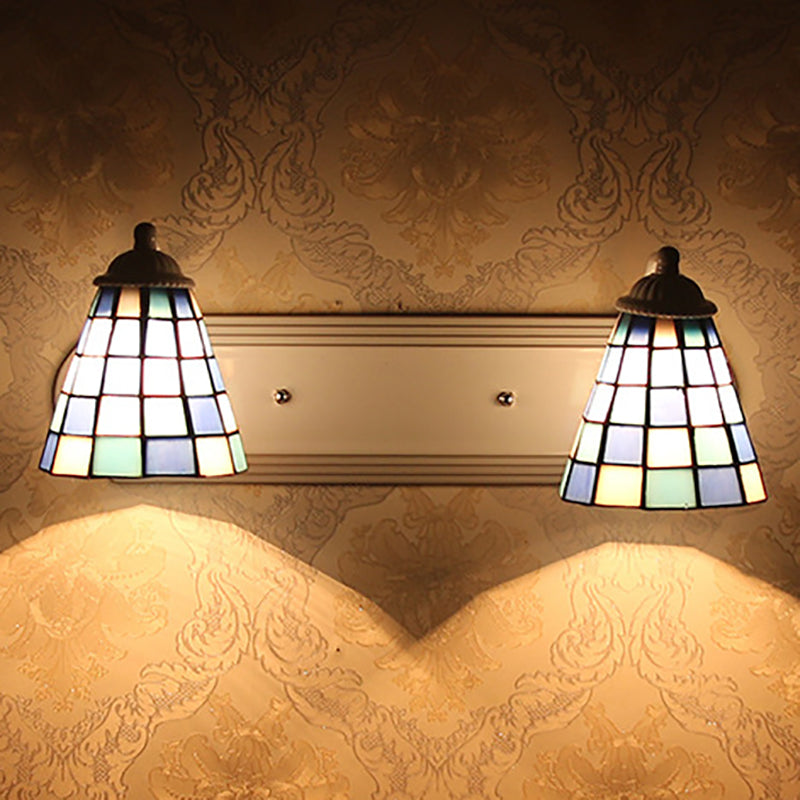 BowLift | Conical blue glass wall-mounted light baroque 2 heads wall lamp with grid pattern