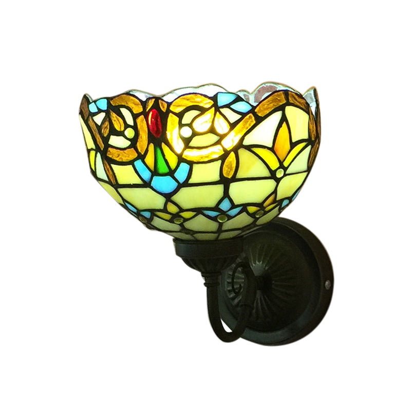BowLift | Baroque Wall Lamp 1 Head Yellow/Blue Glass Wall Mounted Light with Flower Pattern