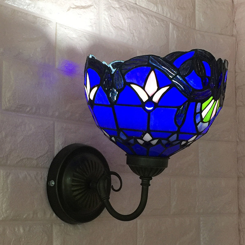 BowLift | Baroque Wall Lamp 1 Head Yellow/Blue Glass Wall Mounted Light with Flower Pattern