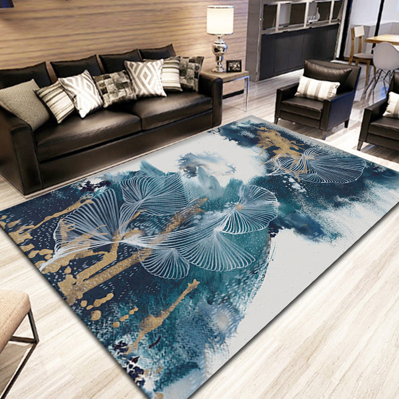 BowLift | Blue Modernism Rug Polyester Swirl Stripes and Watercolor Pattern Rug Pet-Friendly Washable Non-Slip Rug for Bedroom