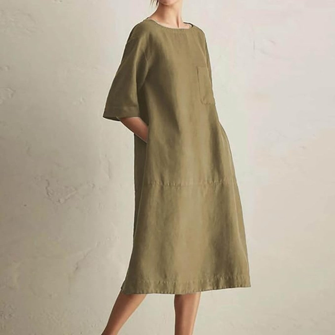 Knee-Length Linen Dress with Chest Pocket