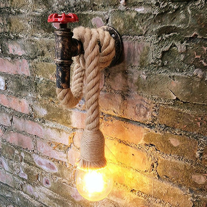 BowLift | Industrial Faucet Wall Lamp 1-Light Hemp Rope Wall Mounted Lamp in Brown for Wine Bar