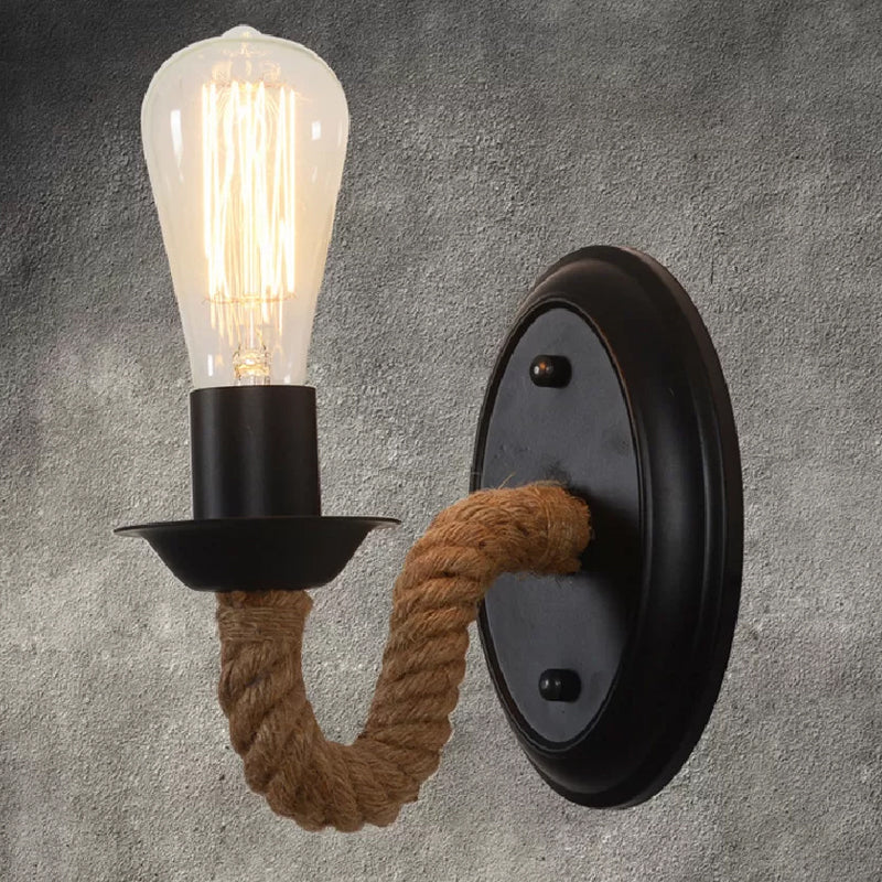 BowLift | Black 1 Bulb Wall Lamp Fixture Lodge Metal Oval/Round Back Plate Wall Light with Curved Rope Arm