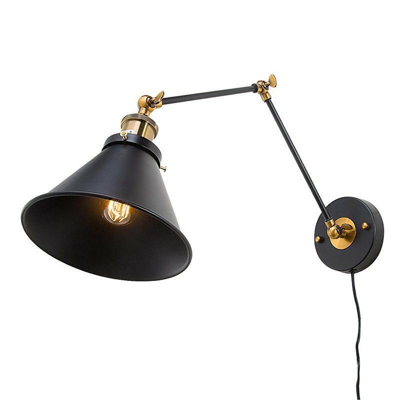 BowLift | Iron Black Finish Reading Wall Lamp Roll-Edge Conical Single Industrial Plug/Plug-less Wall Lighting with Swingarm