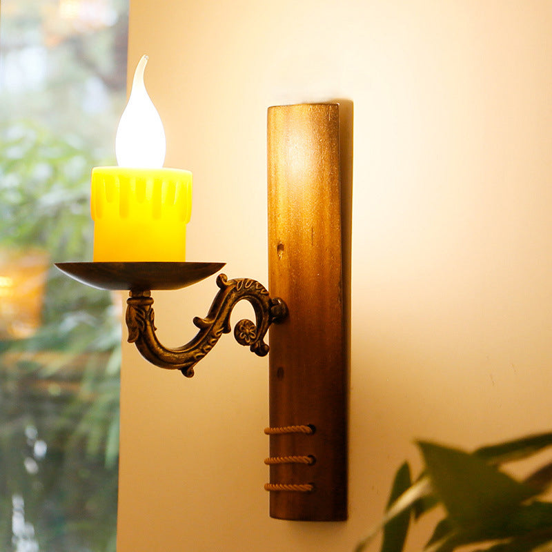 BowLift | Brown rectangular wall light Cottage Bamboo 1 bulb living room wall light with flameless candle