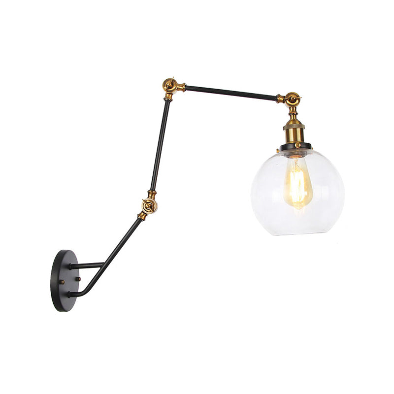BowLift | Adjustable 3-Joint Arm Iron Wall Lamp Industry 1 Head Bedroom Wall Reading Light with Globe/Saucer Clear Glass Shade