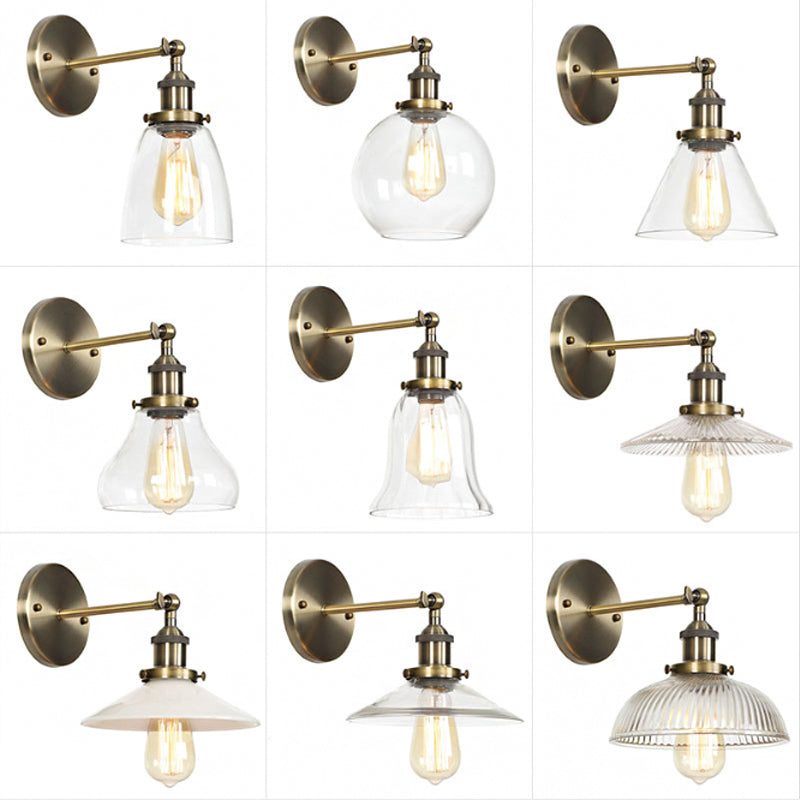 BowLift | Brass Cone/Bell Swing Shade Wall Lamp Industrial Clear Glass Single Dining Room Wall Mount Light